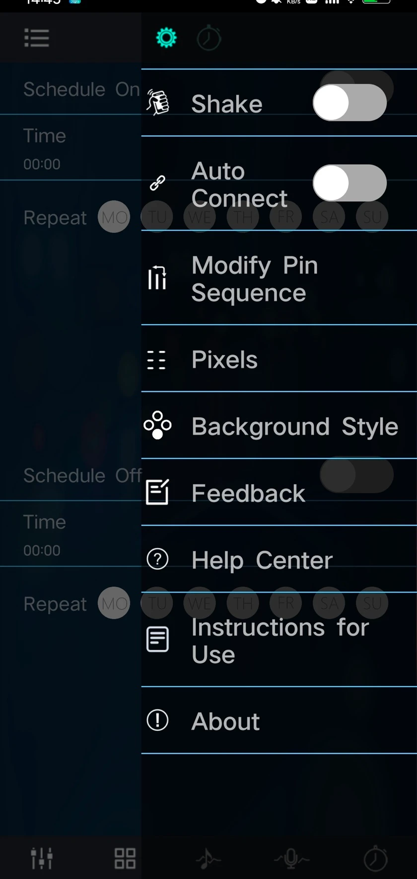 The settings pop-up in the app, listing Shake, Auto Connect, Modify Pin Sequence, Pixels, Background Style, Feedback, Help Center, Instructions for Use and About.