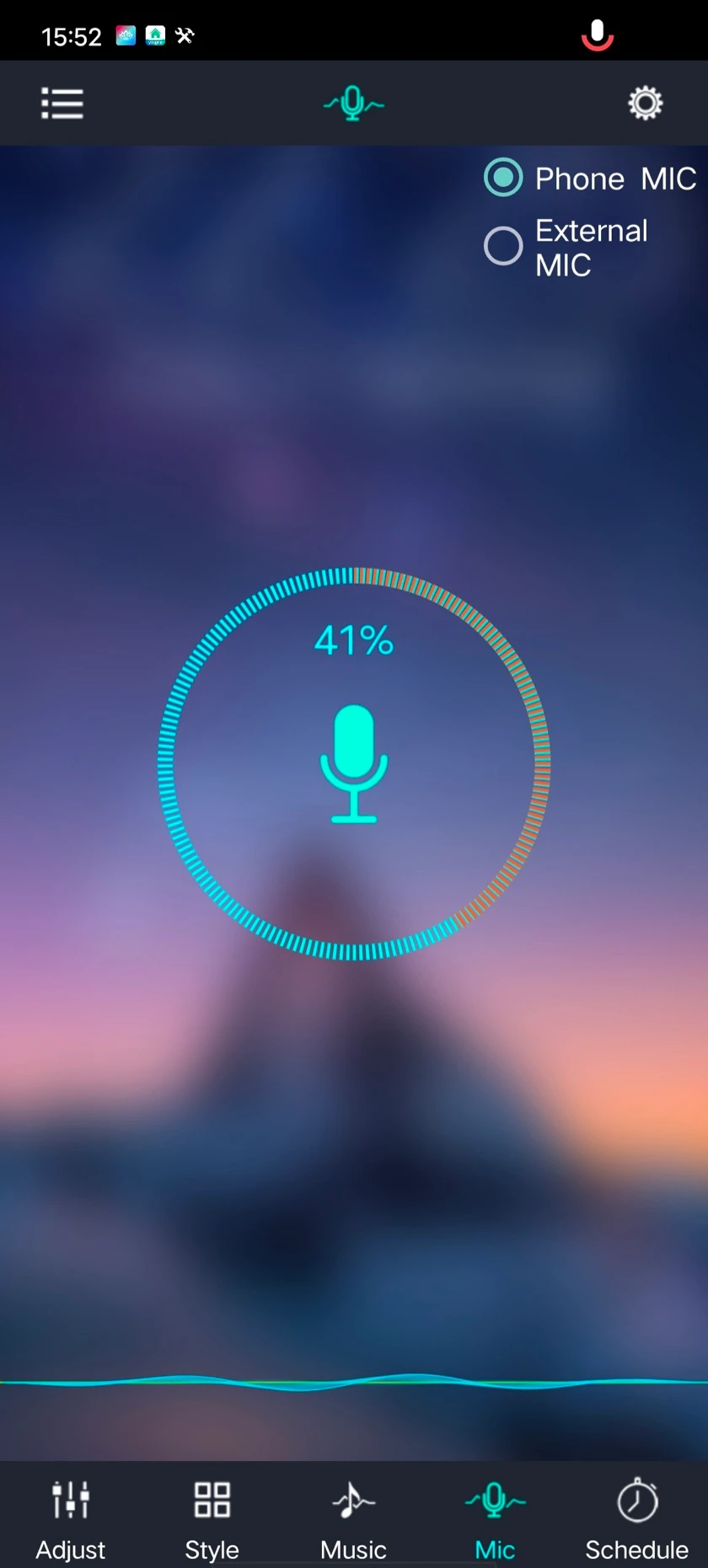 The Microphone Rhythm screen, showing a live level indicator that moves with the volume the phone microphone picks up.