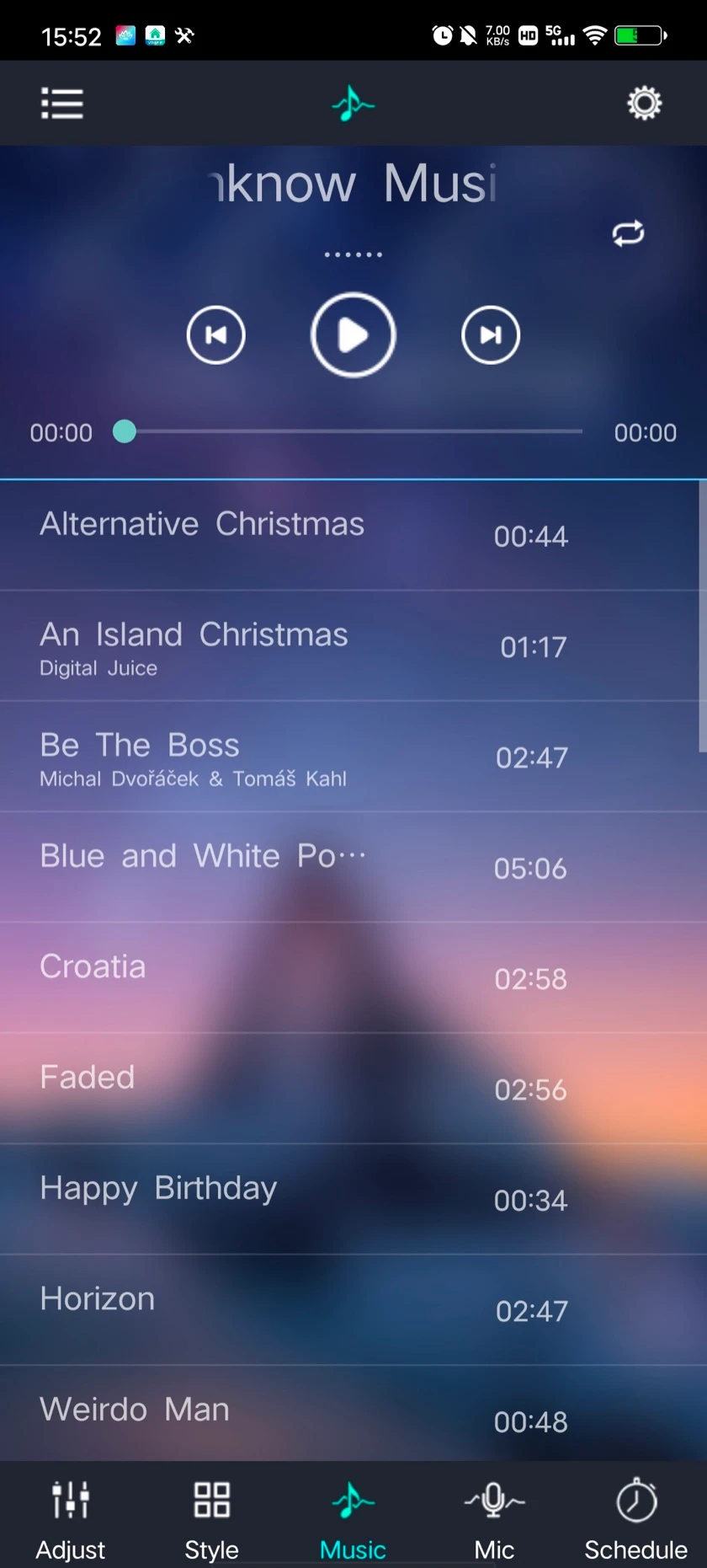 App screenshot of the music sync mode selection screen.