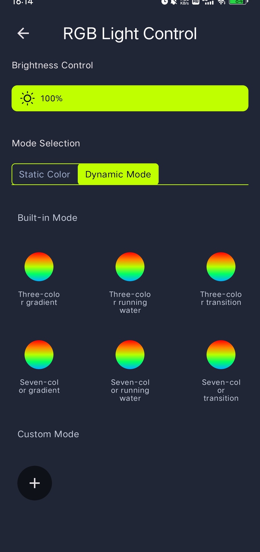 iMeshting dynamic-mode screen showing built-in effects, custom modes and brightness