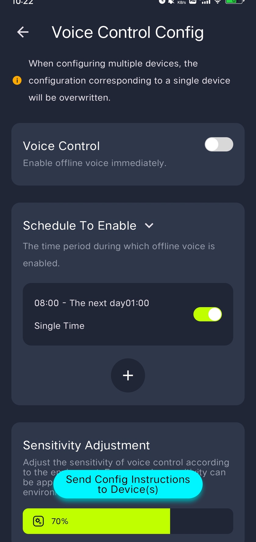 iMeshting offline voice setup showing activation times, sensitivity, wake-up word and save controls