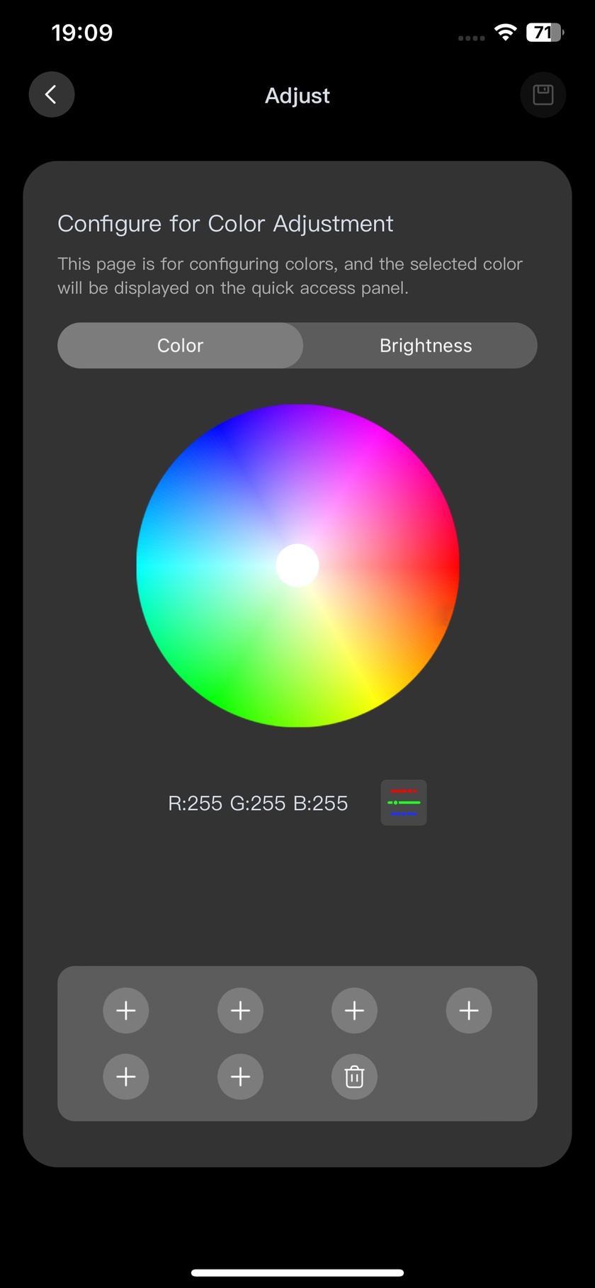 LightsPlay quick-panel configuration with a colour wheel, editable RGB values and custom colour buttons