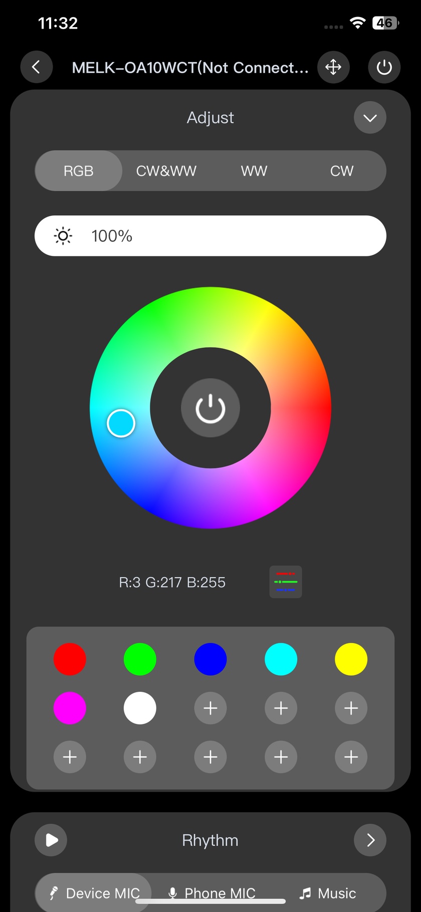 LightsPlay expanded colour module showing a colour wheel, RGB values, brightness and rhythm source options below