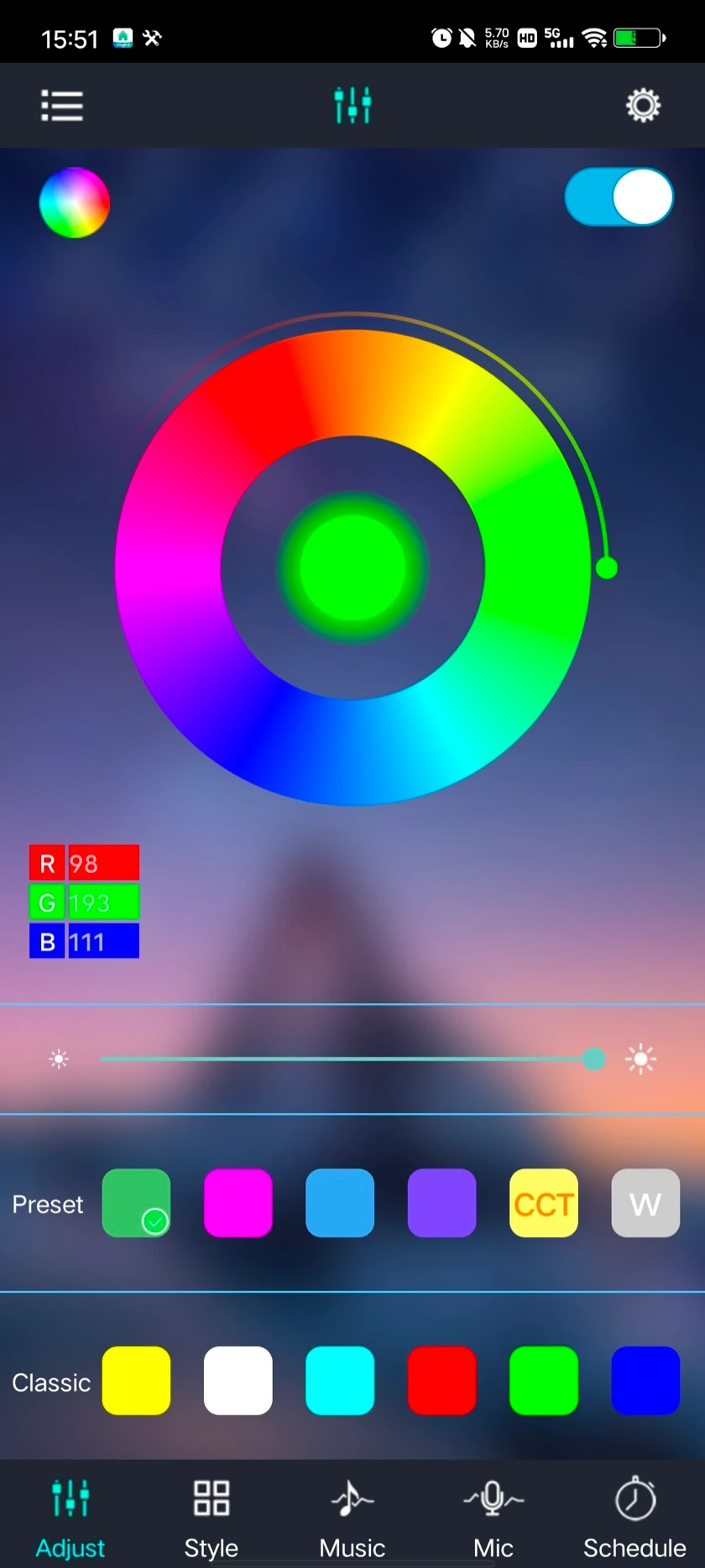 Lotus Lantern Adjust tab: colour ring, R, G and B values, brightness slider, and Preset and Classic swatch rows including CCT and W tiles.