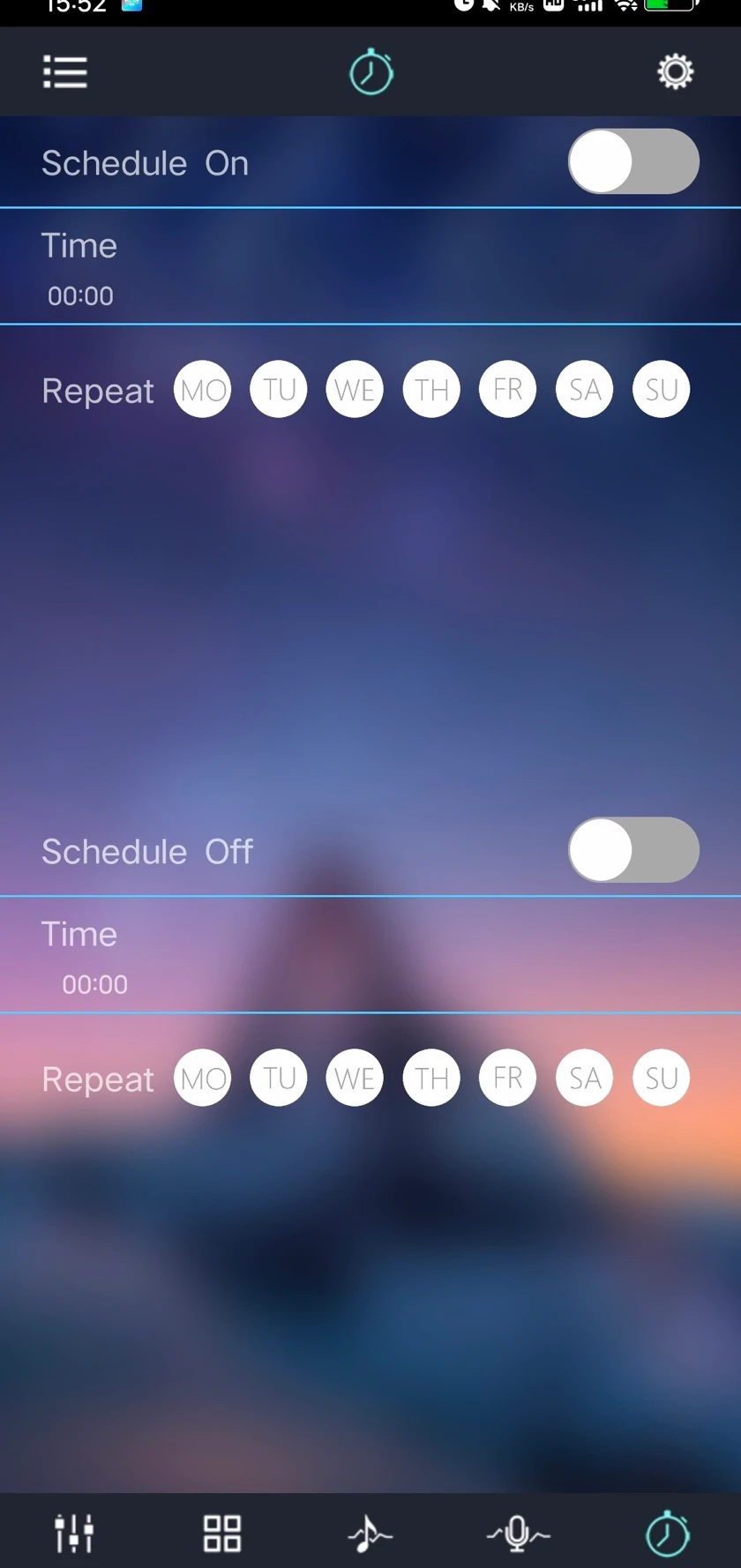 Lotus Lantern Schedule tab: Schedule On and Schedule Off, each with a toggle, a time and a row of weekday buttons for repeat.