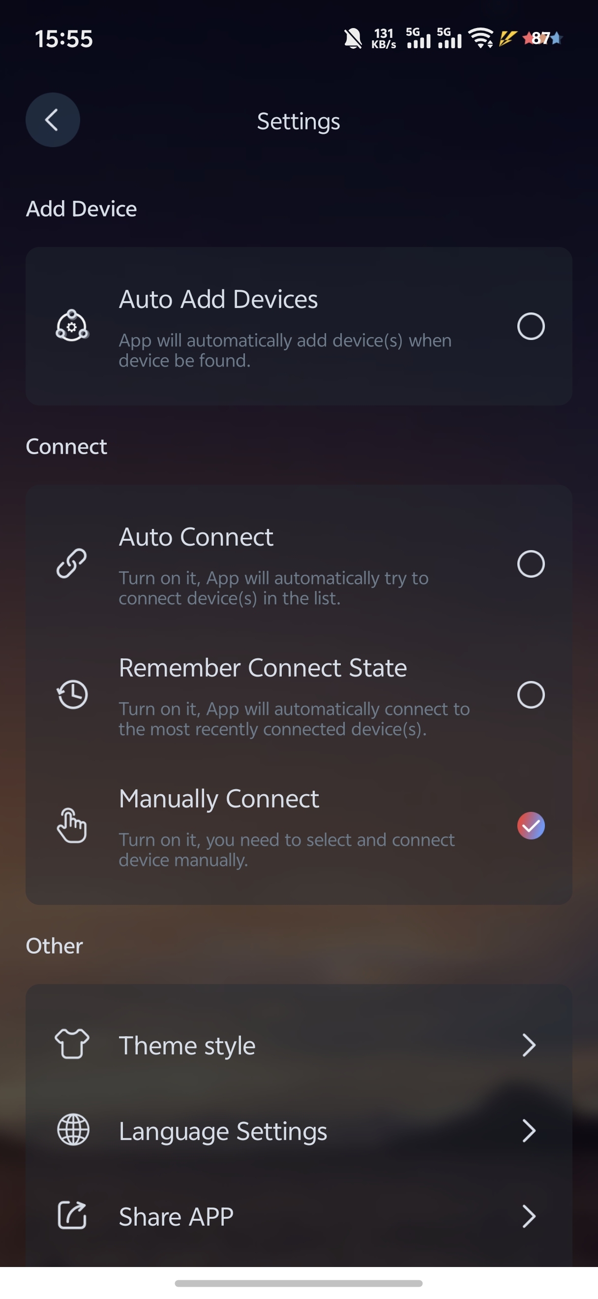 LotusLamp X Settings screen: Auto Add Devices under Add Device; Auto Connect, Remember Connect State and Manually Connect under Connect; Theme style, Language Settings and Share APP under Other.