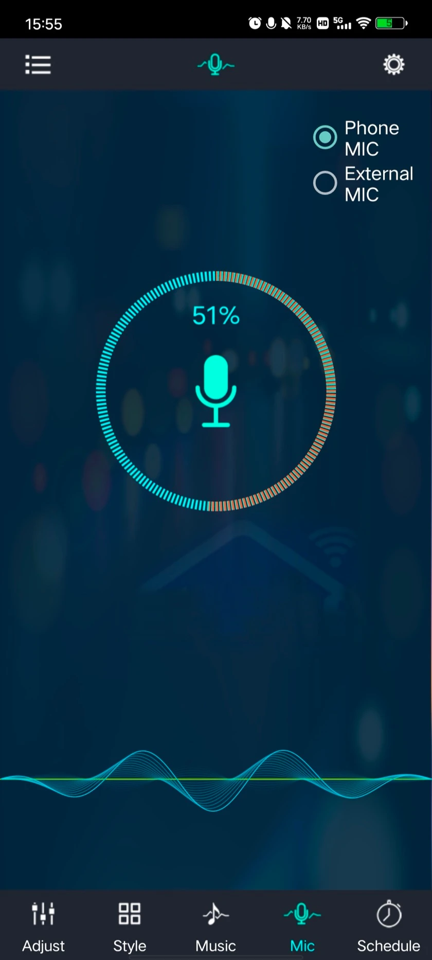 Magic Lantern Mic tab with Phone MIC selected: a ring showing the sound level as a percentage and a waveform trace.