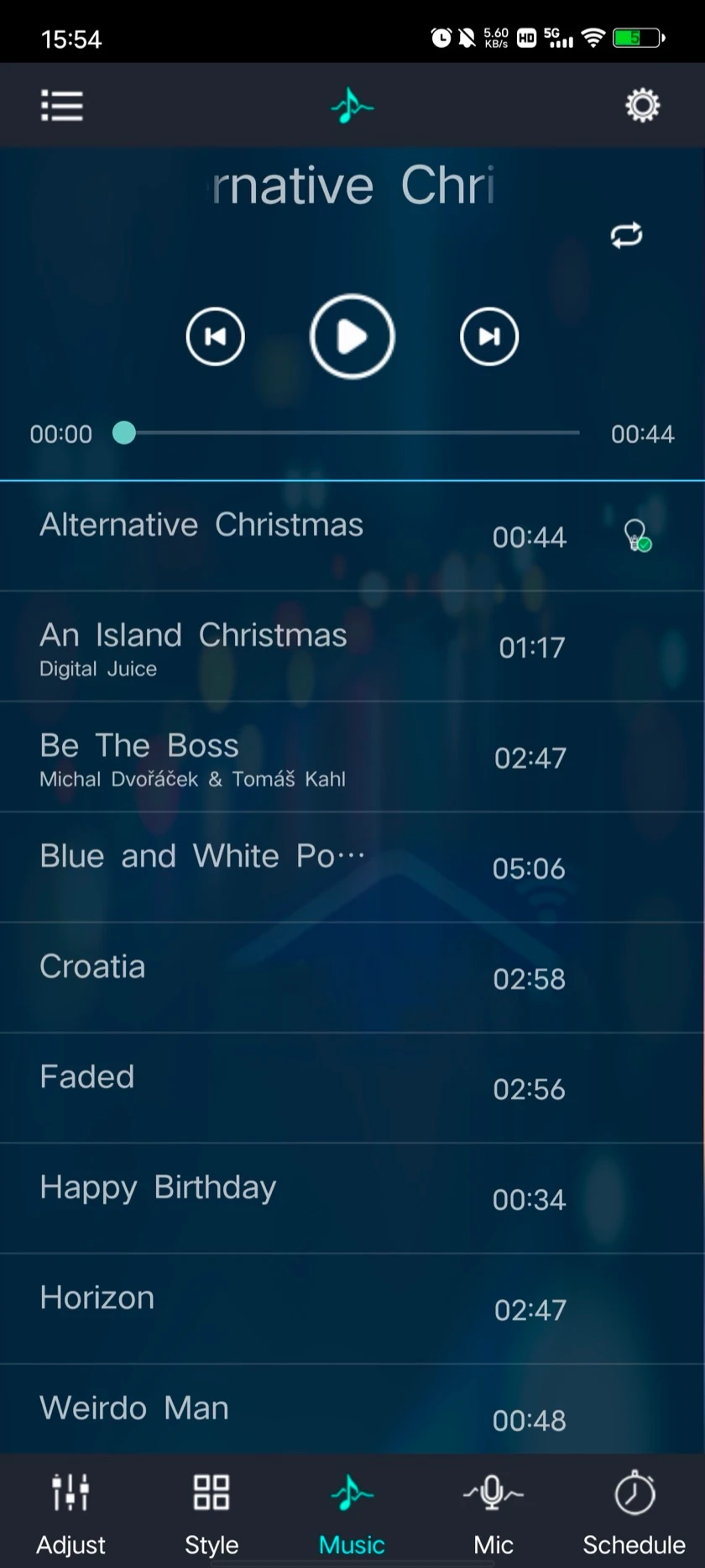 Magic Lantern Music tab: music library, playback controls and progress bar.