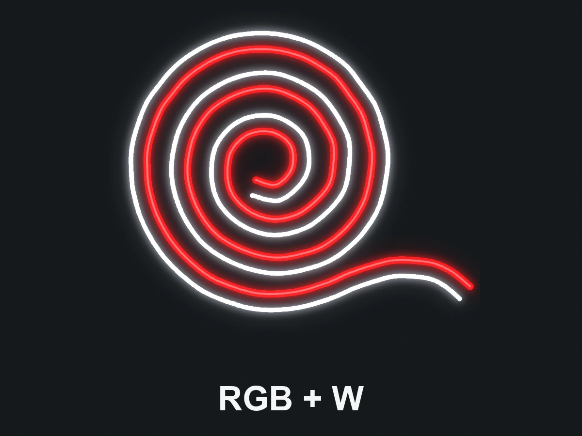 RGB 四通道示意：盘绕灯带连续发光，整条同步变色，并与额外连续白光同时亮起。