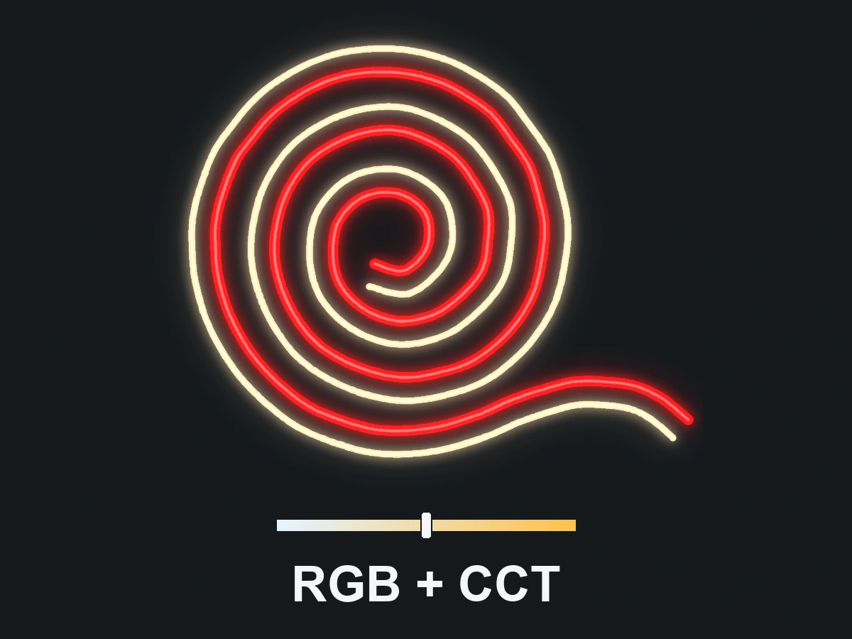 RGB 五通道示意：盘绕灯带连续发光，整条同步变色，并与可调冷暖的连续照明同时亮起。