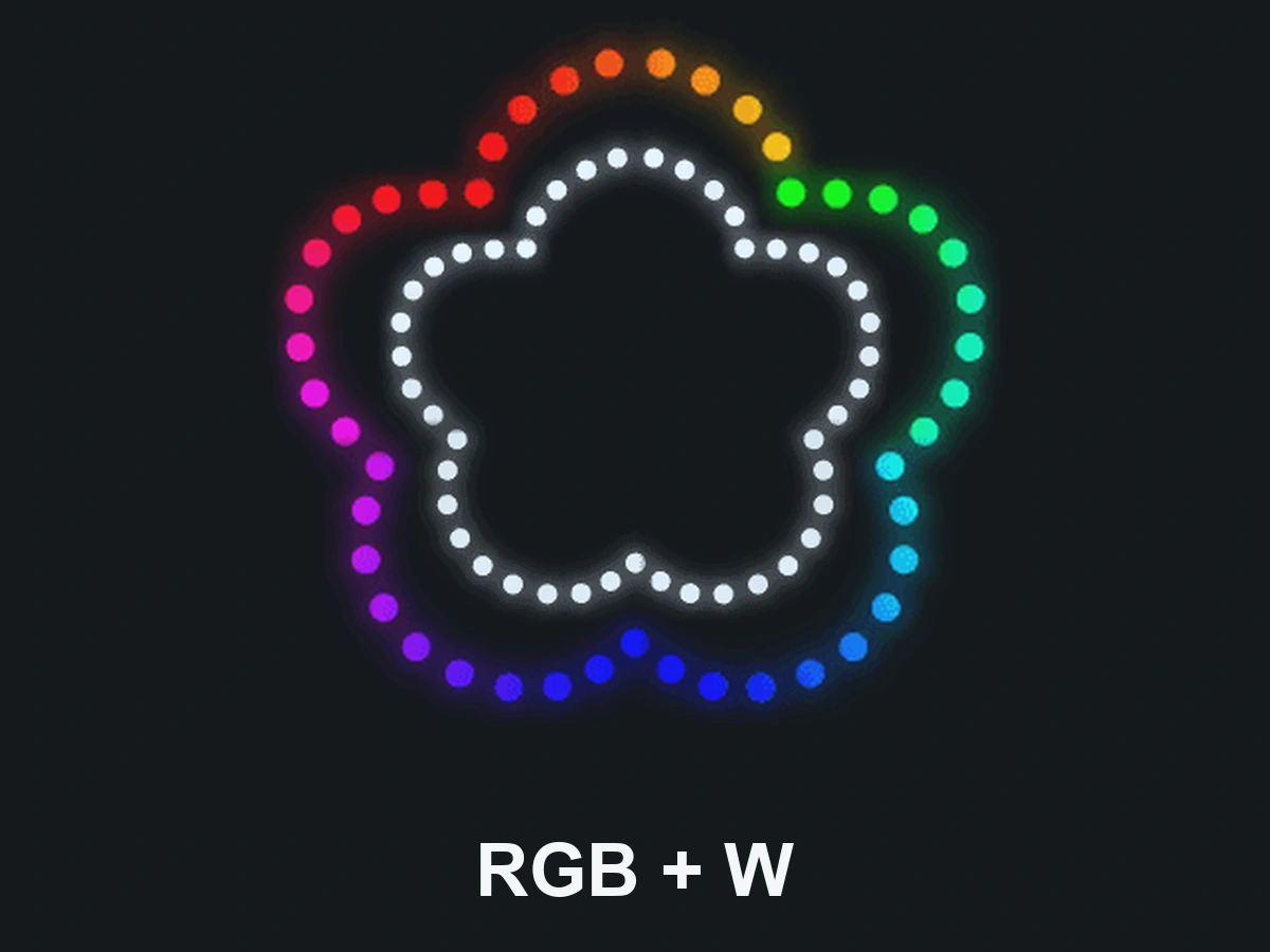 RGBIC 四通道示意：外圈幻彩灯珠各自独立控制，内圈白光同时亮起。