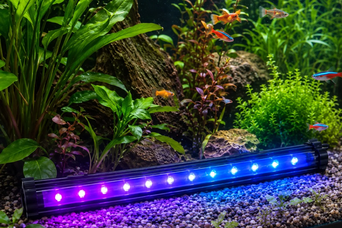 一個水草缸，砂礫前緣平放著一根潛水 LED 燈管，呈紫到藍的漸層，上方有小魚。