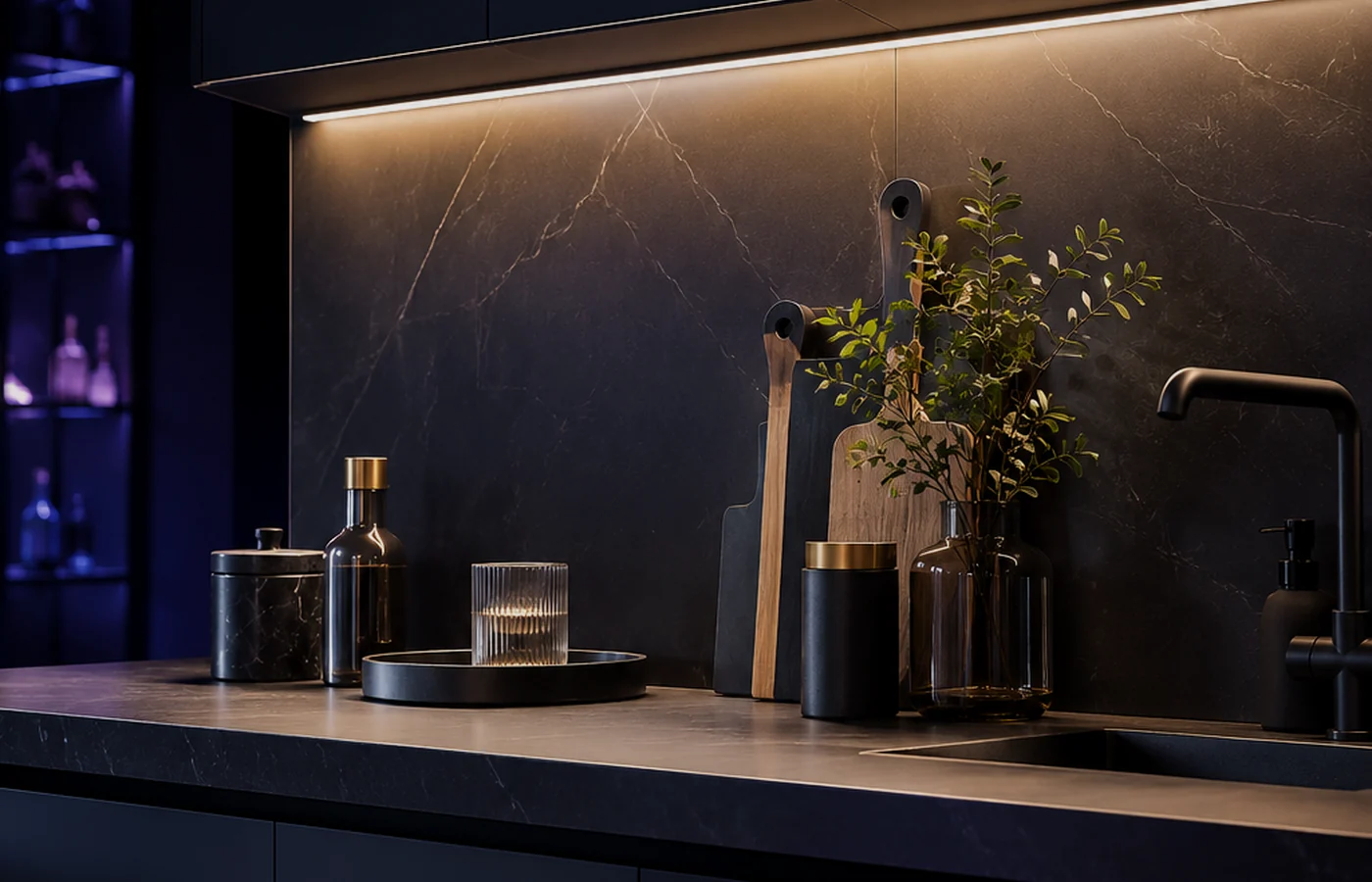 Warm and violet-toned LED accent lighting under a kitchen cabinet at night.