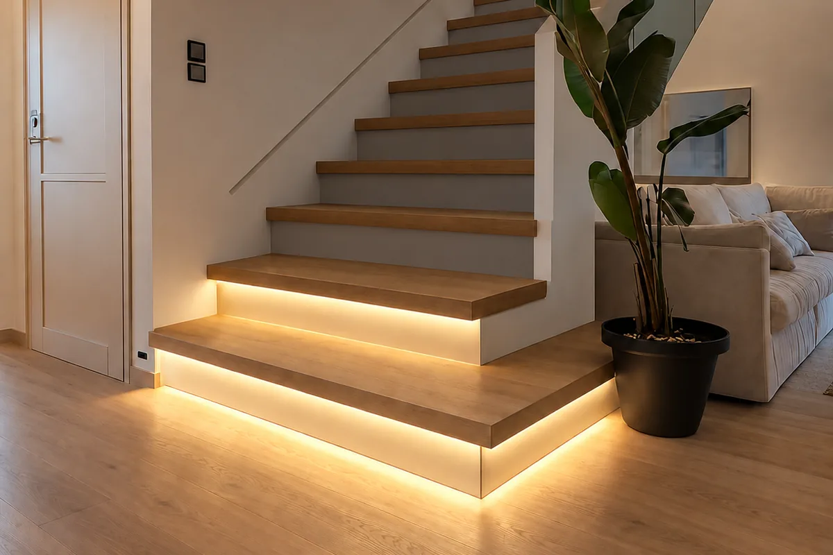 A wooden staircase in a living room at dusk, with warm white light glowing from under the nosing of the lowest two treads while the treads above are still dark, showing the running effect part-way up the flight.