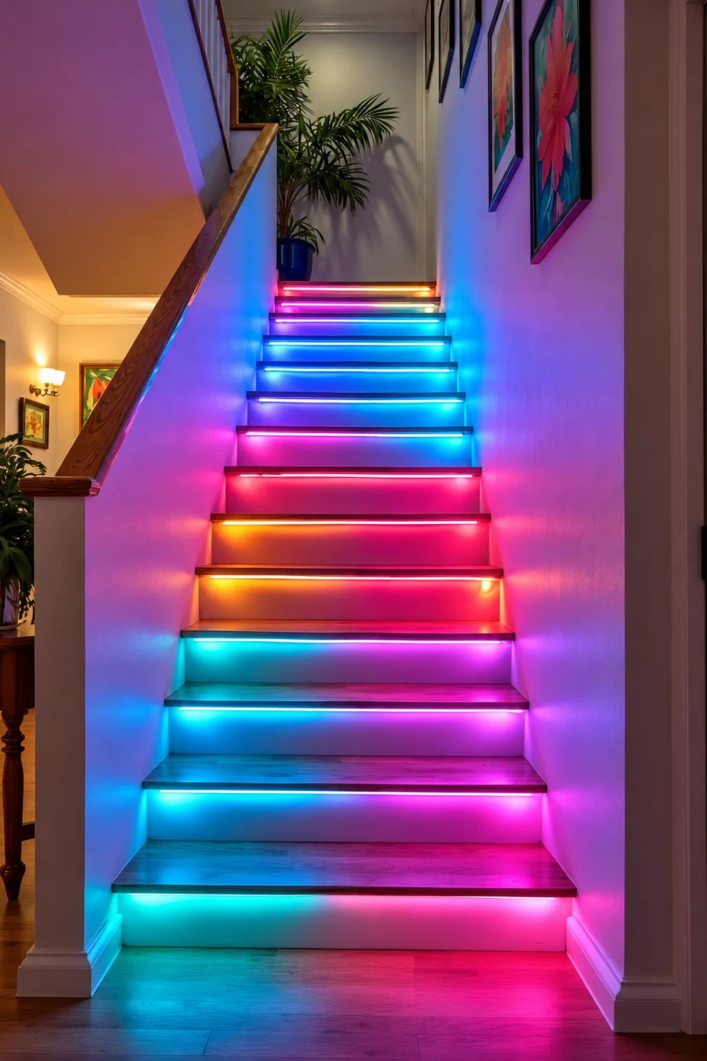 A straight domestic staircase seen from the bottom, with a different colour of light glowing under the nosing of each step, from cyan and violet at the bottom through orange and red to blue at the top.