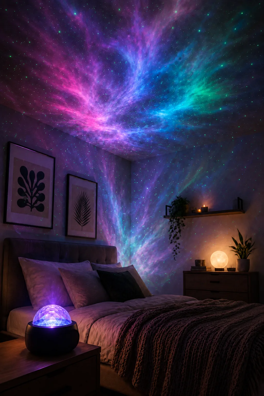 A dark bedroom with a nebula and star-field projection spread across the ceiling and upper walls, from a small projector on the bedside table.