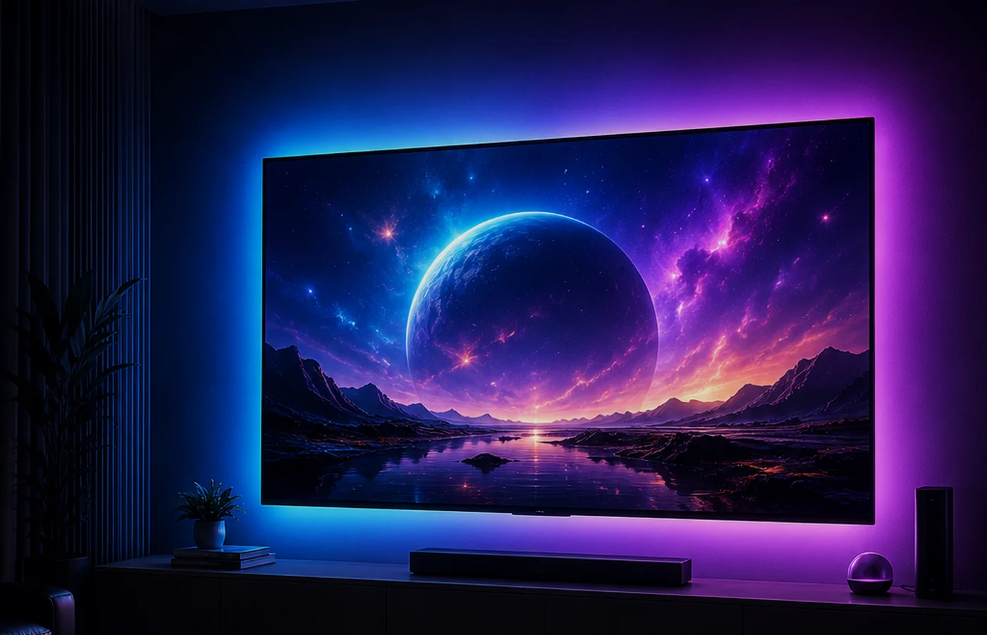 A television with blue and violet bias-lighting LED strip glowing behind it in a dark room.